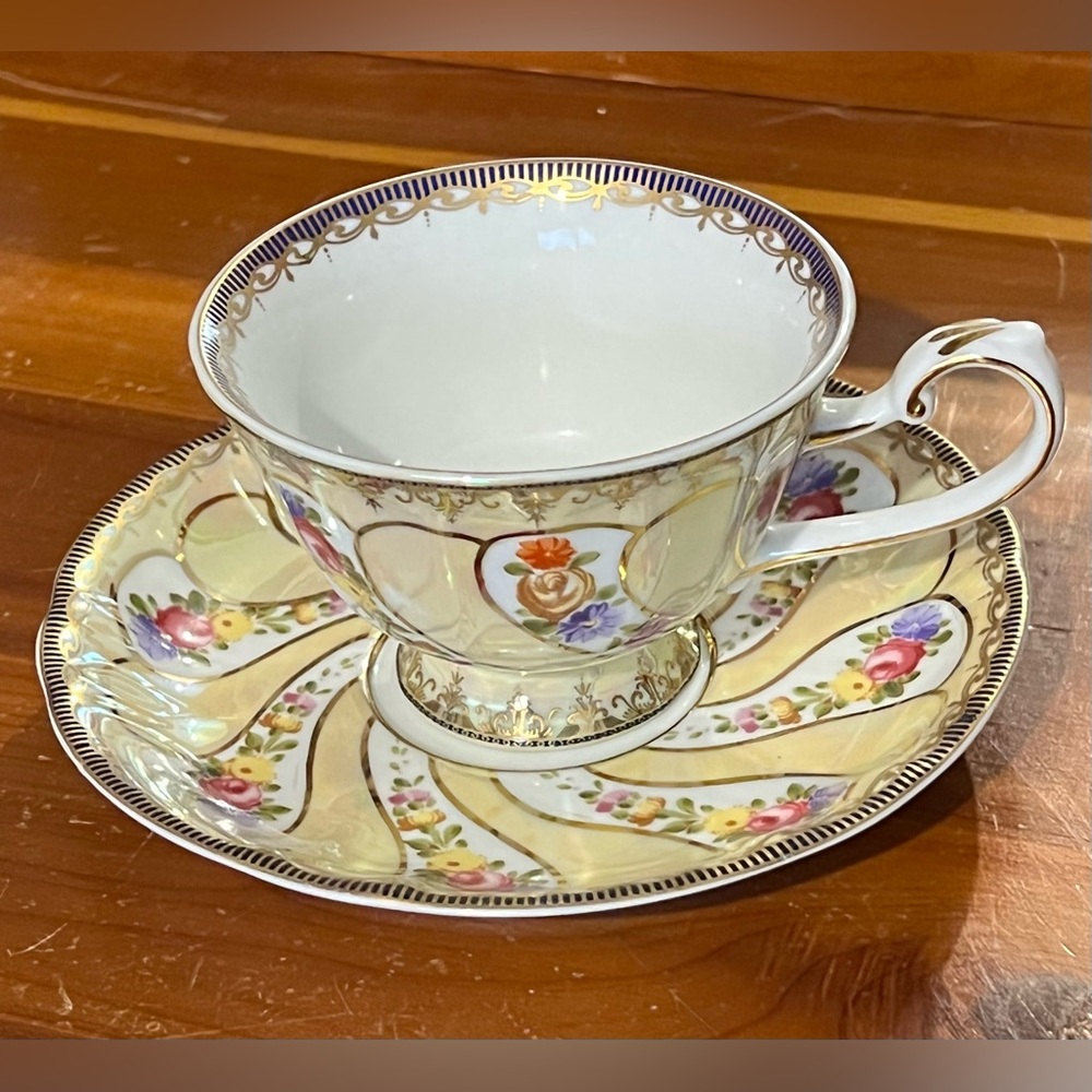 Vintage Yellow Floral And Gold Teacup and Saucer Set